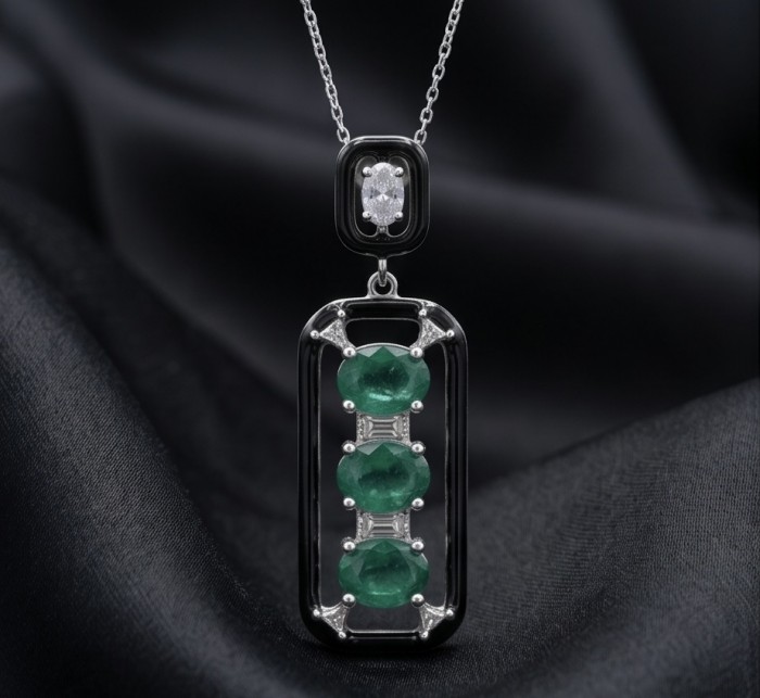 Art Deco 9.5 carat Emerald black enamel .925 Sterling Silver handmade Pendant - Art Deco emerald necklace on black background, front view