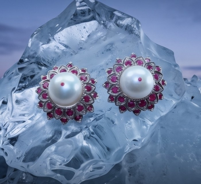 Classy Design - Genuine Pearl Ruby rhodium over .925 Sterling Silver handcrafted Statement Large Earrings - Front view of pearl and ruby earrings on ice block backdrop.