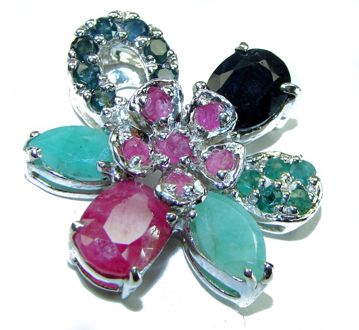 Precious Genuine 19.5 carat Emerald Ruby Sapphire .925 Sterling Silver handmade Pendant - photo 2