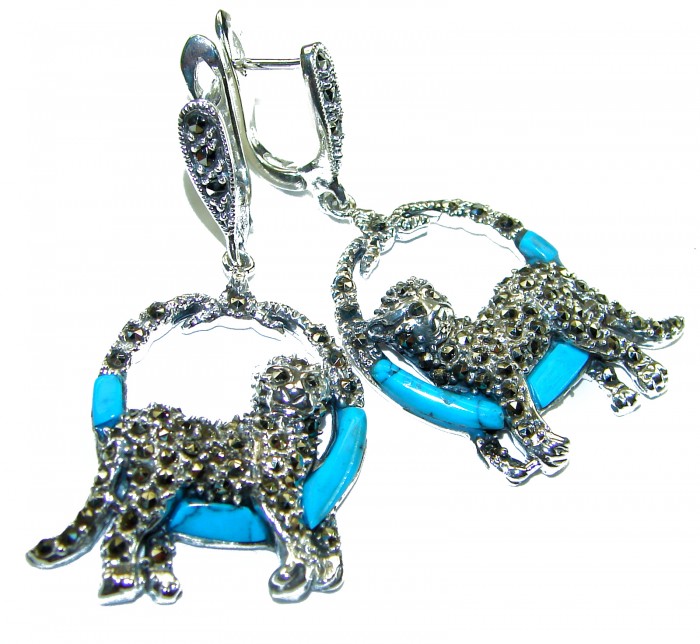 Cheetah Turquoise Ruby Marcasite .925 Sterling Silver Handcrafted earrings - Cheetah turquoise sterling silver earrings, front view.