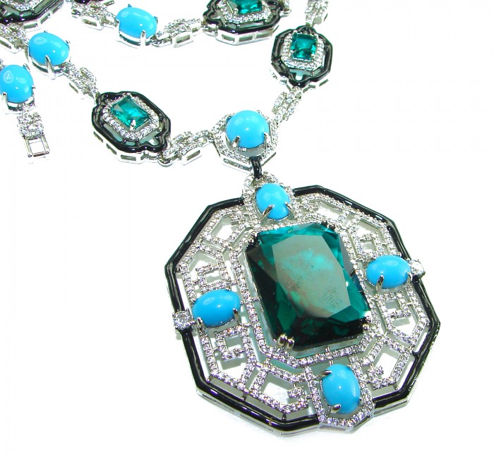 Art Deco - Pacifica - 168.4 carat Turquoise Aquamarine .925 Sterling Silver handmade Statement necklace; 24 inches long - Close-up of Art Deco Pacifica necklace with turquoise and aquamarine stones.