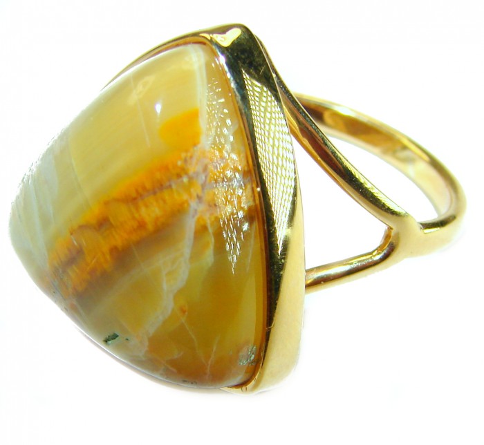 Oramge Aura best quality 22.4 carat Mexican Opal 18K Gold over .925 Sterling Silver handmade ring 11 1/2 - Side view of Mexican Opal ring in 18K gold, 22.4 carats.