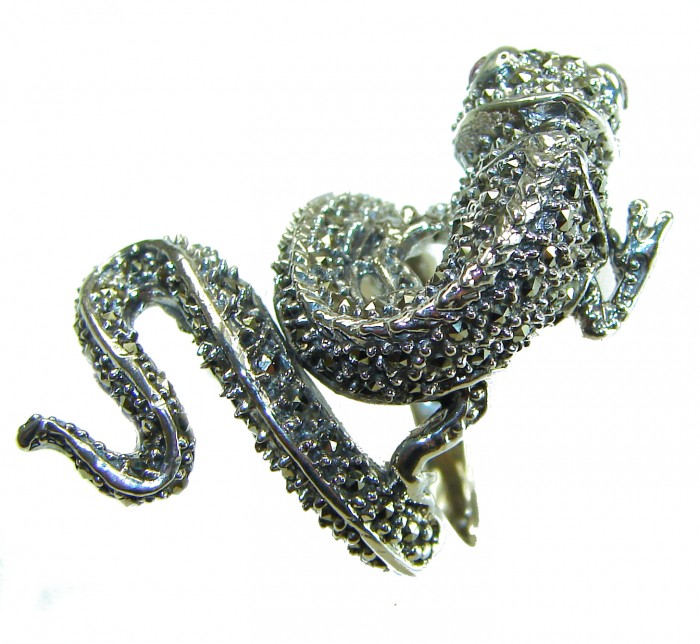 Lizard Natural Marcasite Ruby .925 Statement Sterling Silver ring size 7 - Lizard marcasite ring front view with detailed texture.