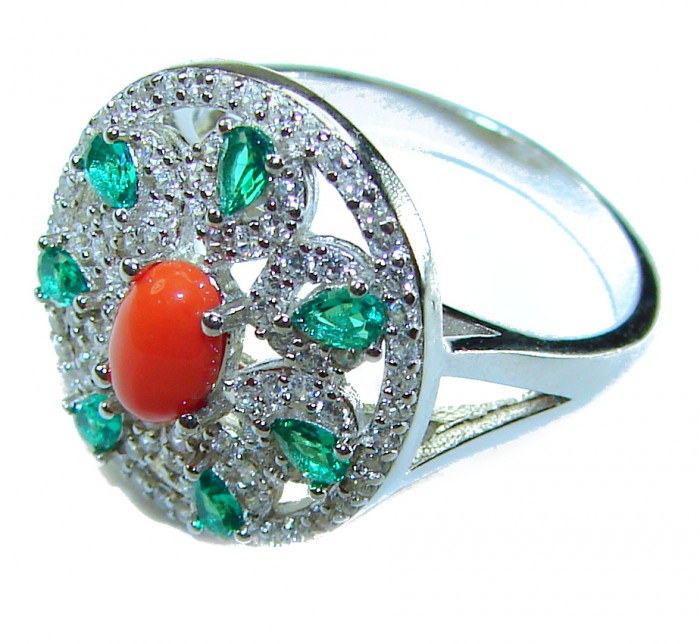 Serenity - 10.5 carat genuine Coral Emerald .925 Sterling Silver handmade ring s. 8 - Side view of Serenity ring with coral and emeralds set in sterling silver.