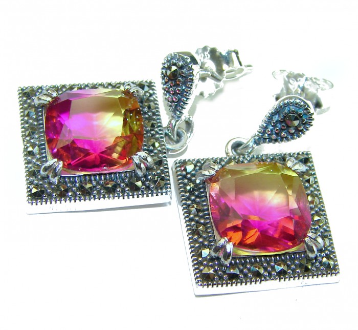 9.5 carat Ametrine Marcasite .925 Sterling Silver HANDCRAFTED Earrings - Ametrine and marcasite earrings close-up with sterling silver setting.