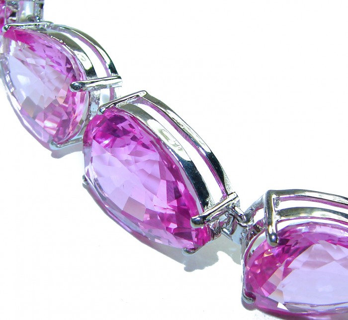Tiffany - Magnificent Pink 125.5 carat Pink Sapphire .925 Sterling Silver handcrafted Heavy Bracelet - Close-up of Tiffany pink sapphire bracelet, side view