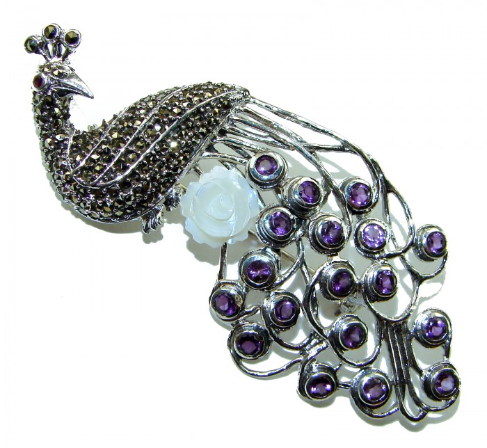 Huge Natural 8.9 carat Amethyst Greaceful Peacock .925 Sterling Silver Large Brooch - Peacock brooch with amethyst stones, side view detailing feathers.