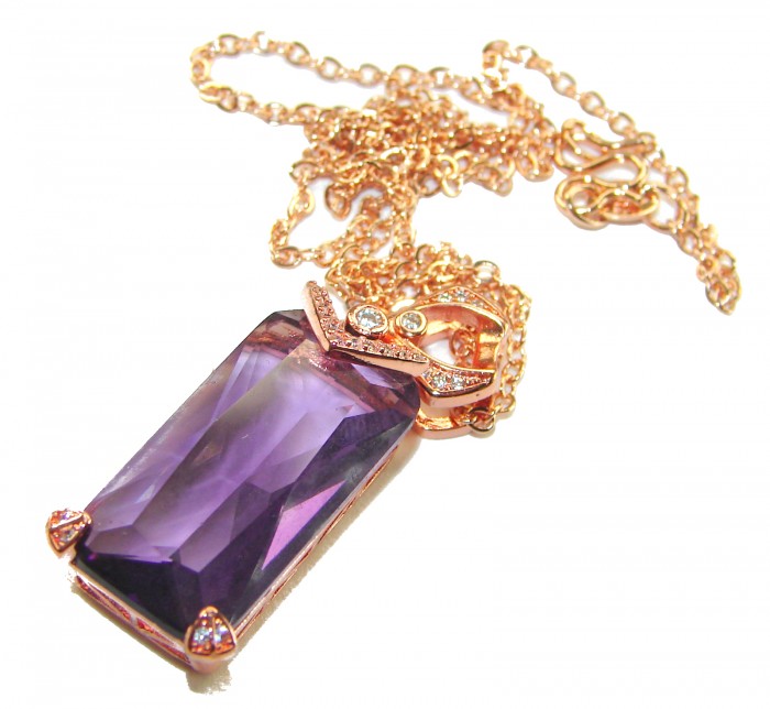 Genuine Amethyst .925 Sterling Silver dipped in 14K Rose Gold handcrafted 16 inches long necklace - Amethyst pendant with chain, close-up view, rose gold setting.