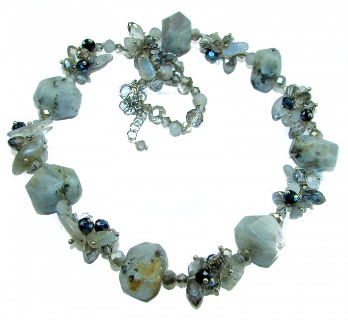 One of the kind great Tourmalinated Quartz Spinel .925 Sterling Silver necklace - Tourmalinated Quartz Spinel necklace, angled top view.