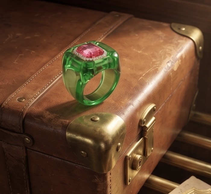Candy Store - Modern Design Natural Green Raisin Pink Topaz .925 Sterling Silver ring size 8 1/4 - Green resin ring with pink topaz on vintage suitcase, top angle.