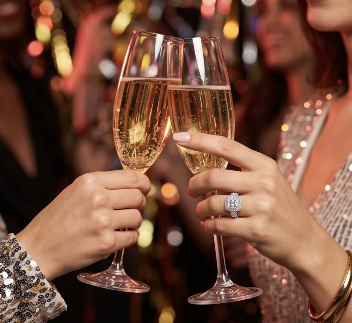 Carolyn - Precious 35.5 carta White Topaz rhodium over .925 Sterling Silver .925 Sterling Silver Statement ring size 6 1/4 - Ring worn on hand holding champagne glass, celebrating.