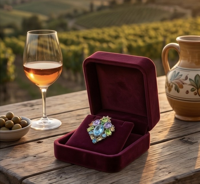 Atlantica 33.7 carat Swiss Blue Topaz .925 Sterling Silver dipped in rhodium Handcrafted Statement Large earrings - Topaz brooch in box on table with wine, olives, and vineyard view