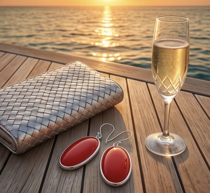 LARGE - Genuine Red Fossilized Coral .925 Sterling Silver handmade earrings - Red fossilized coral earrings with clutch, champagne, sunset background