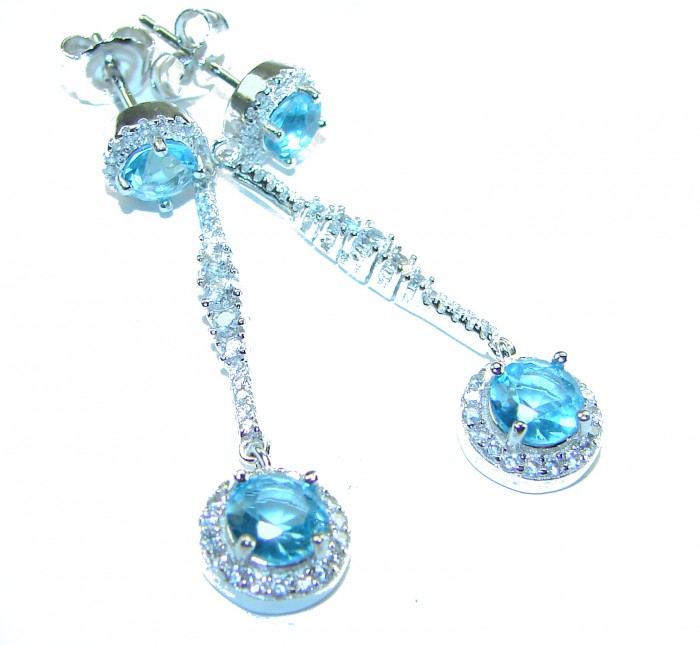Eau Pure 4.5 carat Swiss Blue Topaz .925 Sterling Silver Handcrafted Earrings - Close-up of Swiss Blue Topaz earrings with .925 sterling silver details