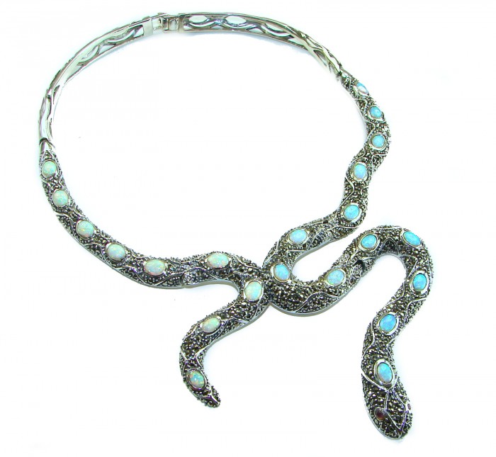 Large Snake genuine 57.8 carat Australian Blue Opal Marcasite .925 Sterling Silver handcrafted necklace - Snake necklace with Australian Blue Opal, overhead view.