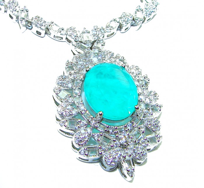 Giovanna 10.2 carat authentic Emerald rhodium over .925 Sterling Silver handcrafted Statement necklace - Emerald pendant stone close-up with diamond accents and chain.