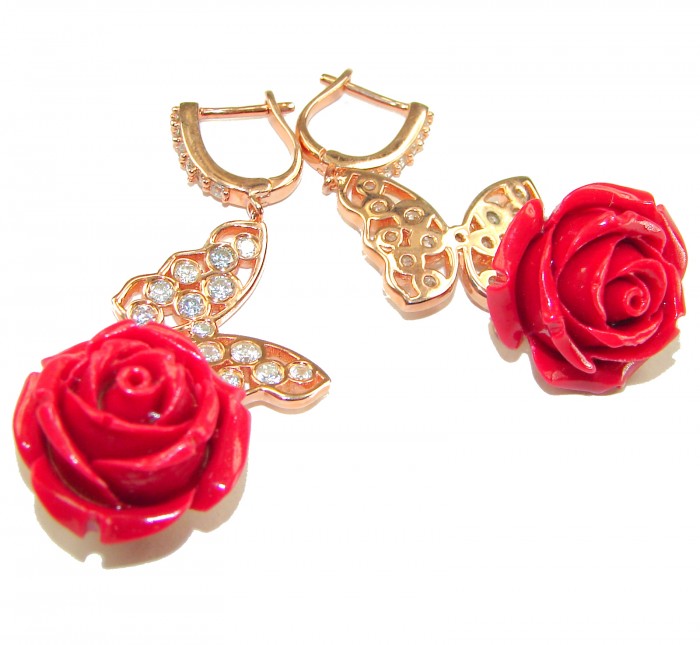 Enchanted Rose Genuine carved Coral 14K Rose Gold over .925 Sterling Silver handcrafted earrings - Red rose earrings, front view, with butterfly design and crystals.