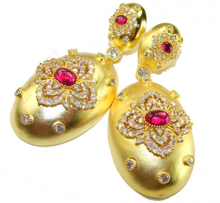 Byzantine design Authentic 8.2 carat 18K Gold over .925 Sterling Silver handcrafted earrings - Byzantine gold earrings with red stones, top view.