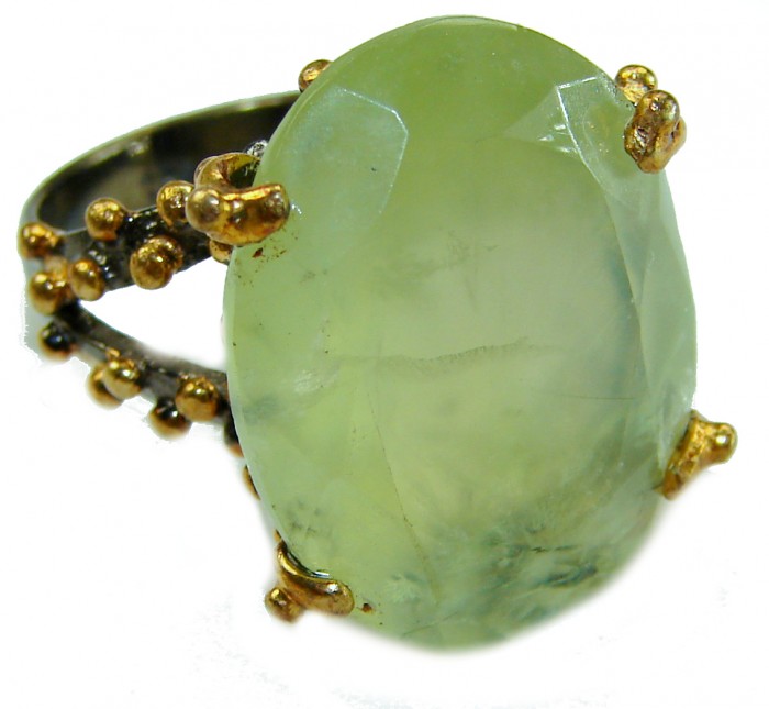 Best quality Prehnite rhodium over .925 Sterling Silver handcrafted Ring Size 6 - Close-up of prehnite ring in rhodium over sterling silver.