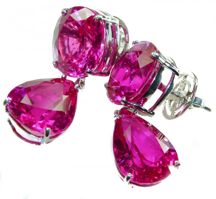 Tiffany - authentic 44.8 carat Pink Sapphire .925 Sterling Silver handcrafted Statement Earrings - Close-up of Tiffany 44.8 carat pink sapphire sterling earrings