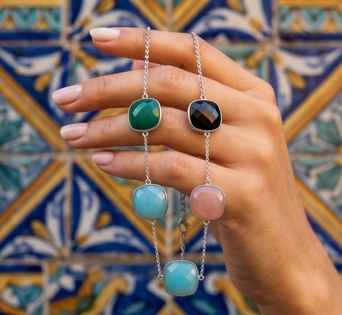 Serafina Multistone Statement 18 inches long rhodium over .925 Sterling Silver necklace - Hand holding Serafina multistone necklace, colorful stones visible