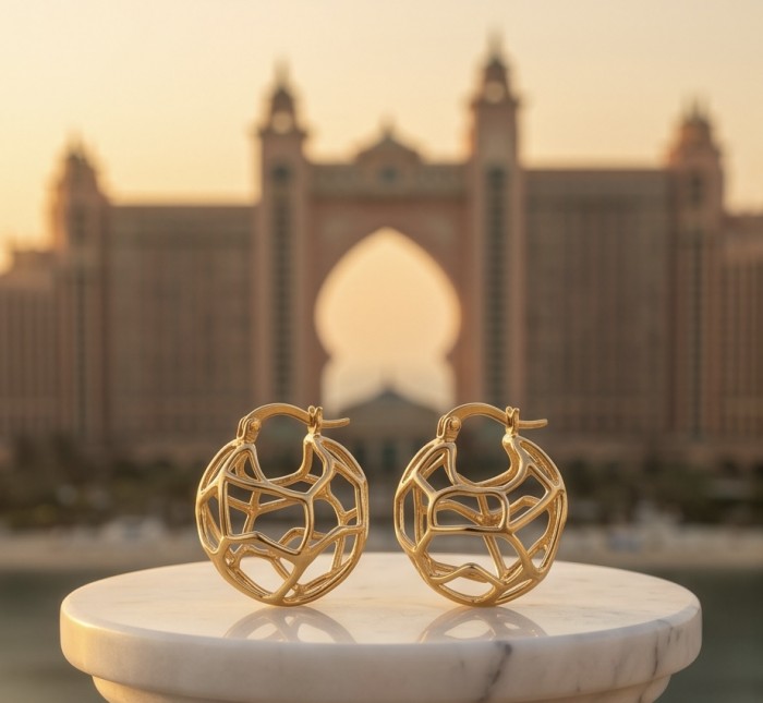 Dubai Style .925 Sterling Silver dipped in 22K Gold handmade Earrings - Gold earrings on stand with blurred building backdrop, front view.