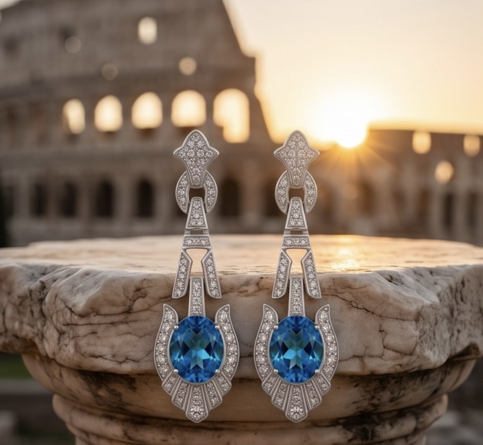 Art Deco 4.8 carat oval cut Swiss Blue Topaz rhodium over .925 Sterling Silver Handcrafted Statement earrings - Art Deco earrings with Swiss Blue Topaz, front view, Colosseum background