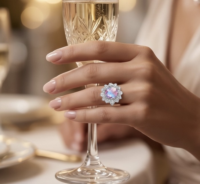 7.8 carat Alexandrite .925 Sterling Silver Perfectly handcrafted Ring s. 8 1/4 - Woman's hand with Alexandrite ring holding a crystal glass.