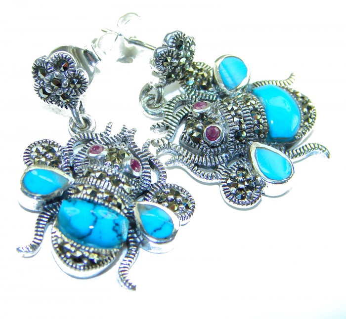 Blue Bees inlay Turquoise Ruby Marcasite .925 Sterling Silver Handcrafted earrings - Ornate bee earrings, turquoise and ruby detail, front view.
