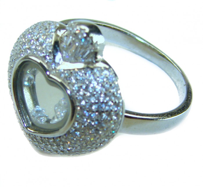 Precious Heart - Floating Memories 10.5 carat White Sapphire .925 Sterling Silver Handcrafted Statement Ring size 9 - Heart-shaped sapphire ring, side view, sparkling details.