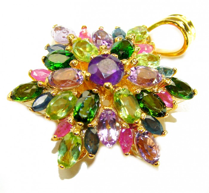 Vintage Design Genuine 15.5 carat precious Amethyst .925 Sterling Silver dipped in 18K Gold handmade Pendant - Close-up of a colorful gemstone pendant with central amethyst stone.
