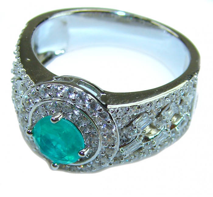 Eau Pure 2.5 carat Paraiba Tourmaline .925 Sterling Silver Handcrafted Ring size 8 1/4 - Side view of sterling silver ring with Paraiba tourmaline and diamonds.