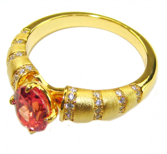Blooming Rose oval cut 3.5 carat Orange Sapphire .925 Sterling Silver dipped in Real 18K Gold handmade Statement ring; s. 8 1/4 - Side view of gold ring with orange sapphire and diamond accents.