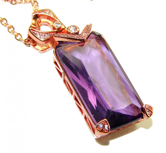 Genuine Amethyst .925 Sterling Silver dipped in 14K Rose Gold handcrafted 16 inches long necklace - Close-up of amethyst pendant in rose gold setting, showing stone detail.
