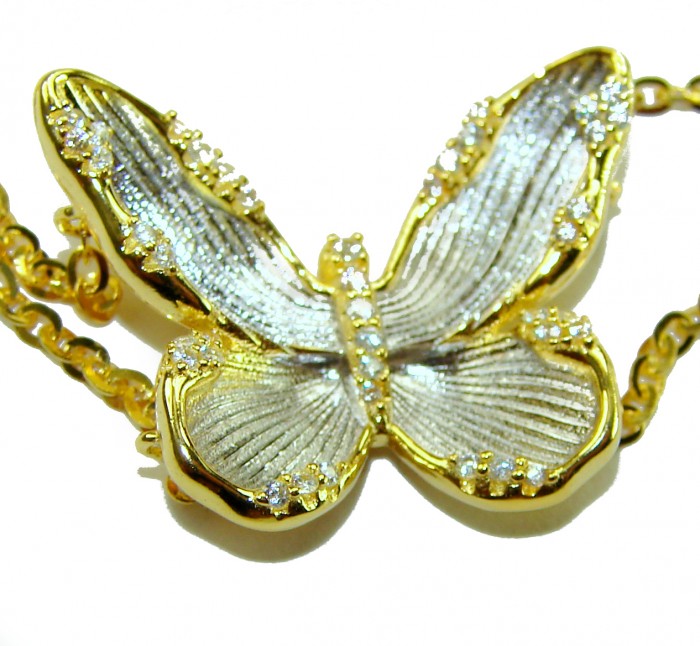Golden Butterfly White Topaz highly polished 18K Gold over .925 Sterling Silver Italy made bracelet - Close-up of Golden Butterfly White Topaz pendant on gold chain.