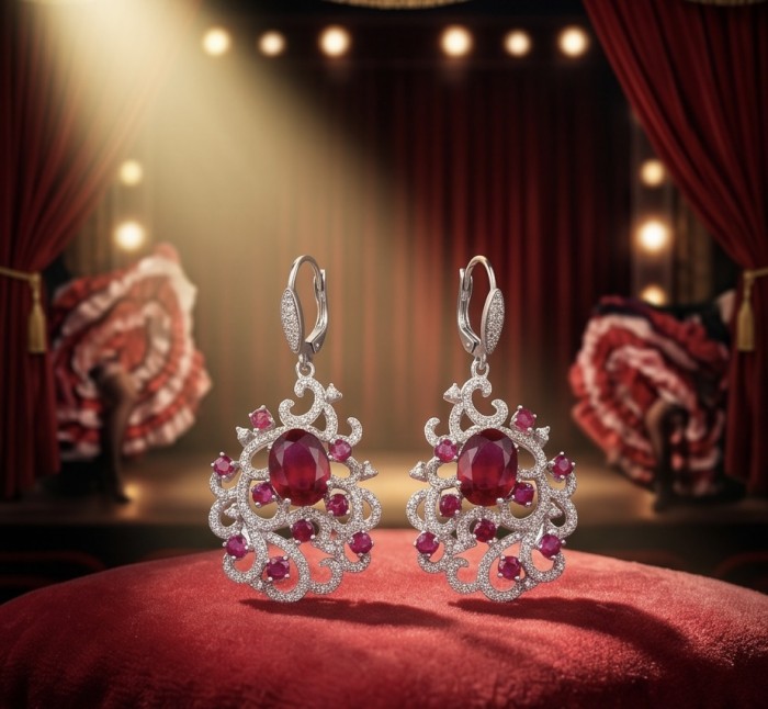 Tiffany - authentic 14.5 carat Mozambique Ruby .925 Sterling Silver dipped in White Gold handcrafted Statement Earrings - Elegant ruby earrings on display with a theatrical backdrop.