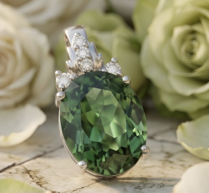 Green Ivy 15.9 carat Green Amethyst - Prasolite .925 Sterling Silver dipped in rhodium handcrafted pendant - Close-up of Green Ivy 15.9 carat Green Amethyst pendant with diamonds.