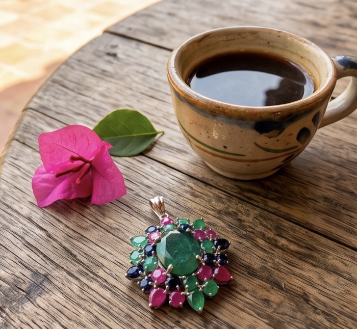 Tiffany - Authentic 8.5 carat Peridot Tsavorite Garnet 18K Gold over .925 Sterling Silver handmade Statement Pendant - Top view of gemstone pendant beside coffee and pink flower on wooden table.