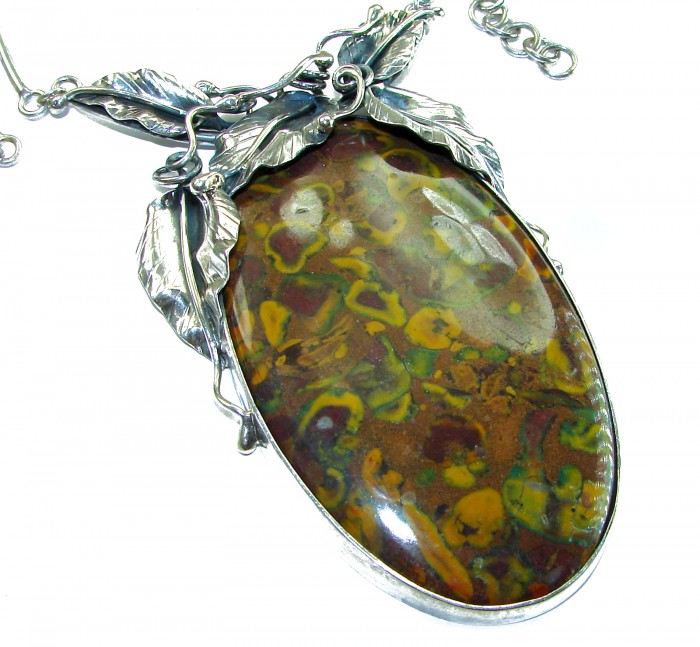 Wild Jangle Oversized Master-Piece genuine Rainforest Jasper .925 Sterling Silver handcrafted necklace - Close-up of Wild Jangle pendant with Rainforest Jasper in silver setting.
