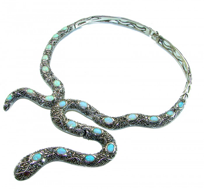 Large Snake genuine 57.8 carat Australian Blue Opal Marcasite .925 Sterling Silver handcrafted necklace - Snake-shaped opal necklace, detailed view showing stones and design.