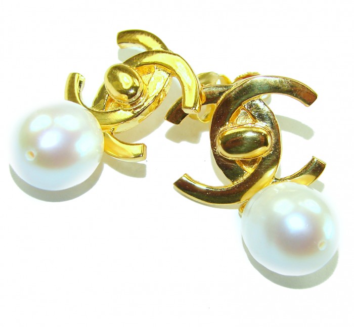 Classy Design - Genuine Pearl 14K Gold over .925 Sterling Silver handcrafted Statement Earrings - Close-up of gold and pearl earrings, front view.