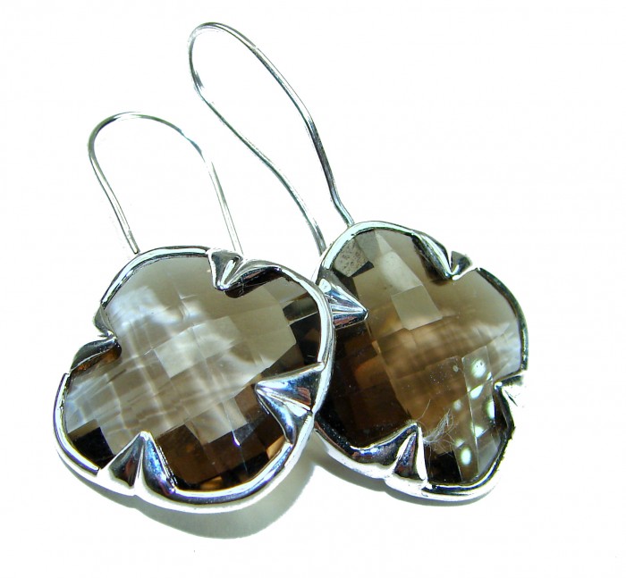 Alessandra 22.5 carat Champagne Smoky Topaz .925 Sterling Silver handmade Earrings - Close-up of Alessandra earrings with smoky topaz and sterling silver.