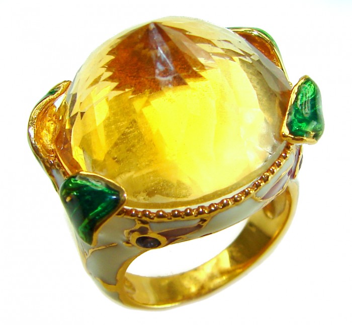Natural 27.2 carat Brazilian Citrine white enamel .925 Sterling Silver dipped in 22K Gold handmade Statement Ring size 6 1/2 - Close-up of natural 27.2 carat Brazilian Citrine ring with enamel and gold.