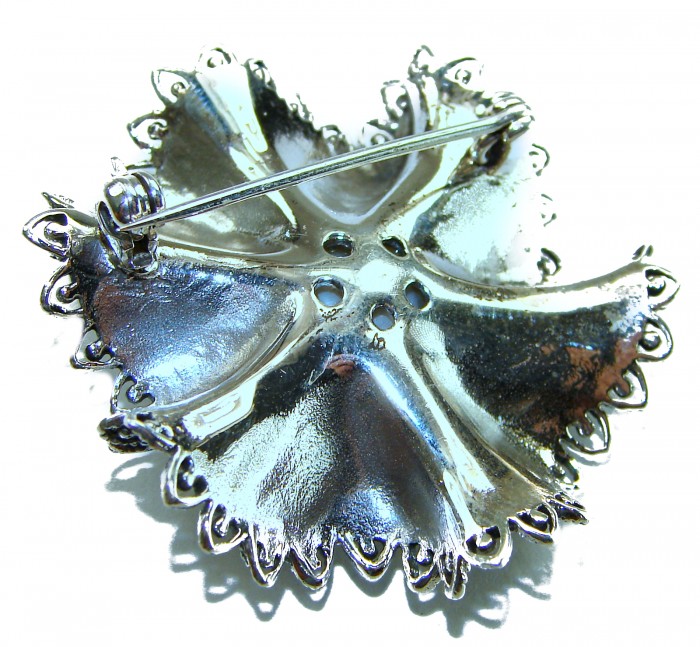 Genuine white Pearl Marcasite .925 Sterling Silver handcrafted Brooch - Back view of silver brooch showing clasp detail.