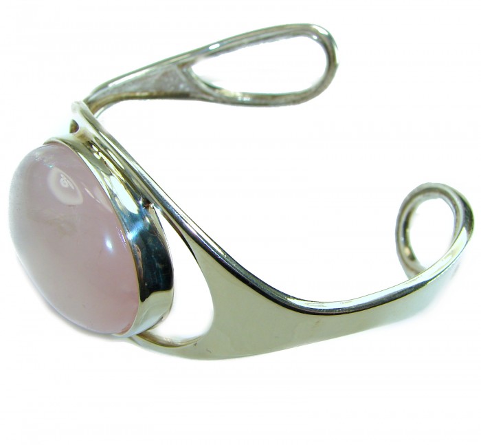 Genuine 51.5 carat Brazilian Rose Quartz .925 Sterling Silver handcrafted Bracelet / Cuff - Side view of rose quartz sterling silver bracelet