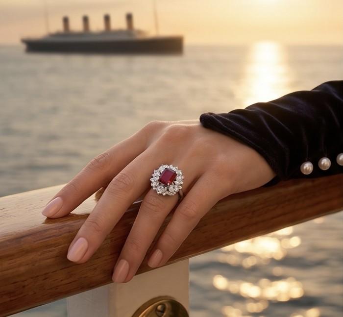 Antonia 4.5 carat Ruby .925 Sterling Silver handcrafted incredible ring s. 8 - Ruby ring worn on hand with Titanic in the background at sunset.