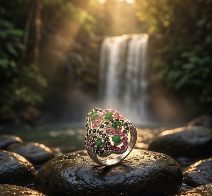 Exotic Beauty Authentic 8.2 carat Colombian Emerald .925 Sterling Silver handcrafted Ring size 7 1/4 - Exotic ring with colorful stones in nature setting, front view.