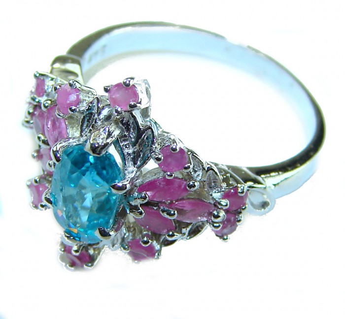 Luxurious 4.5 carat Aquamarine Ruby .925 Sterling Silver handcrafted ring; s. 8 - Side view of aquamarine and ruby ring in sterling silver setting.