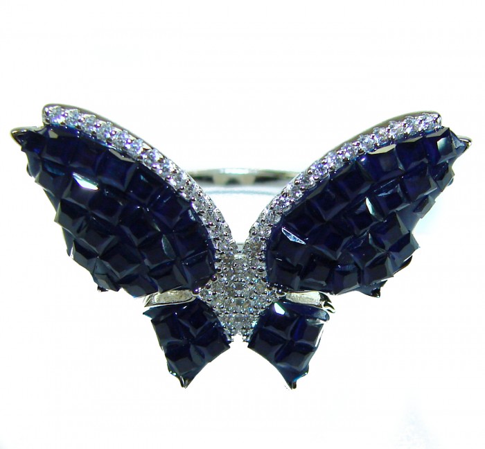 Blue Butterfly Authentic 16.2 carat Sapphire .925 Sterling Silver handcrafted Ring size 8 - Butterfly ring, blue sapphires, front view, 16.2 carat, sterling silver