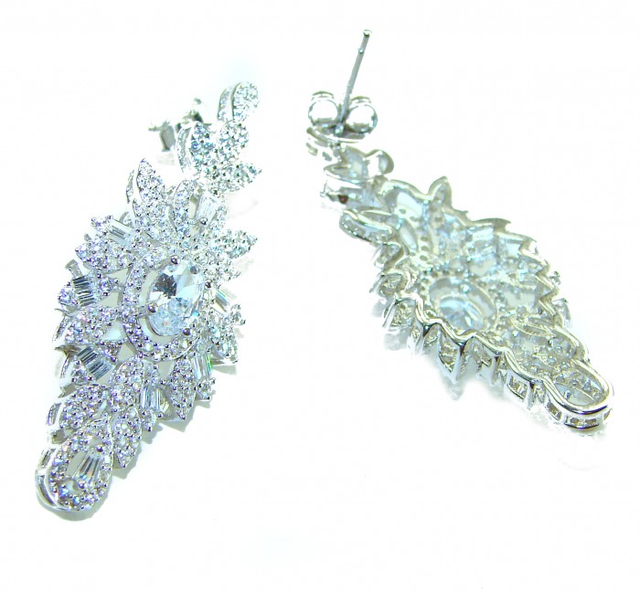 LUXURIUS 12.2 carat White Topaz .925 Sterling Silver handcrafted earrings - Side view of LUXURIUS 12.2 carat white topaz earrings in sterling silver.